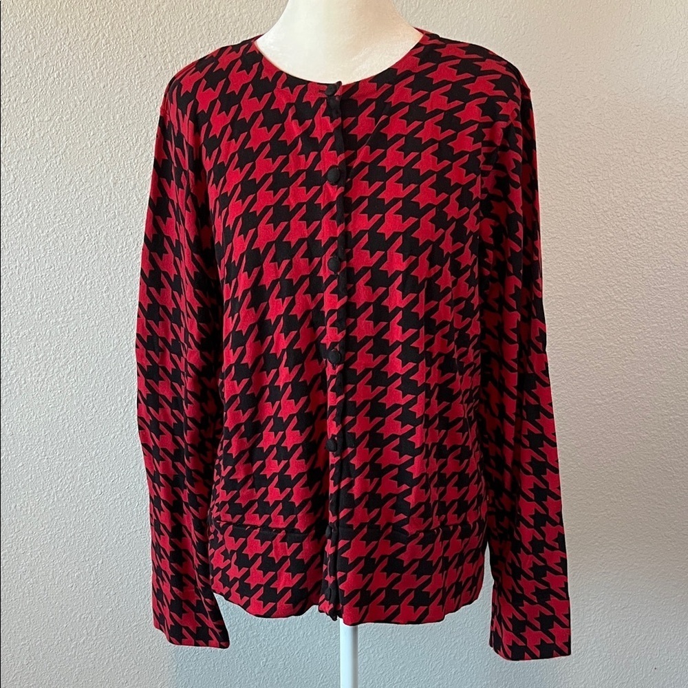 Liz Claiborne Houndstooth Cardigan Red/Black Size XL